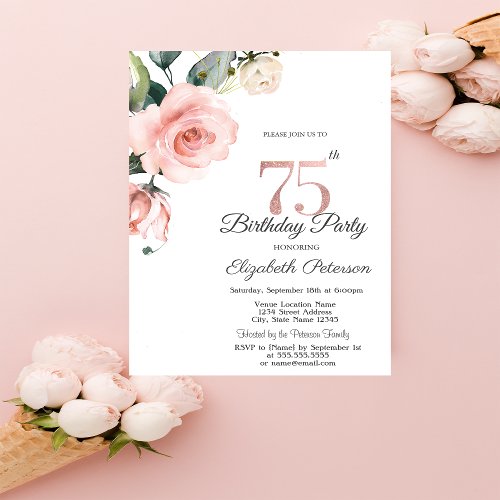 Watercolor Blush Roses 75th Birthday Invitation