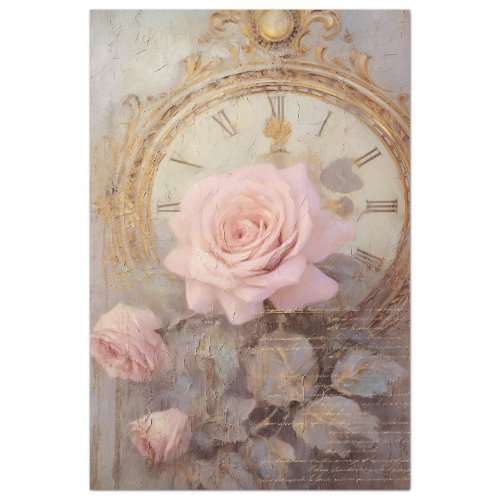Watercolor blush roses antique clock gold grunge tissue paper