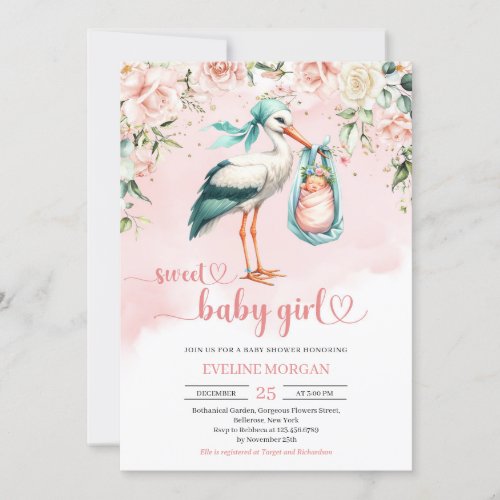 Watercolor blush roses cute stork baby girl invitation