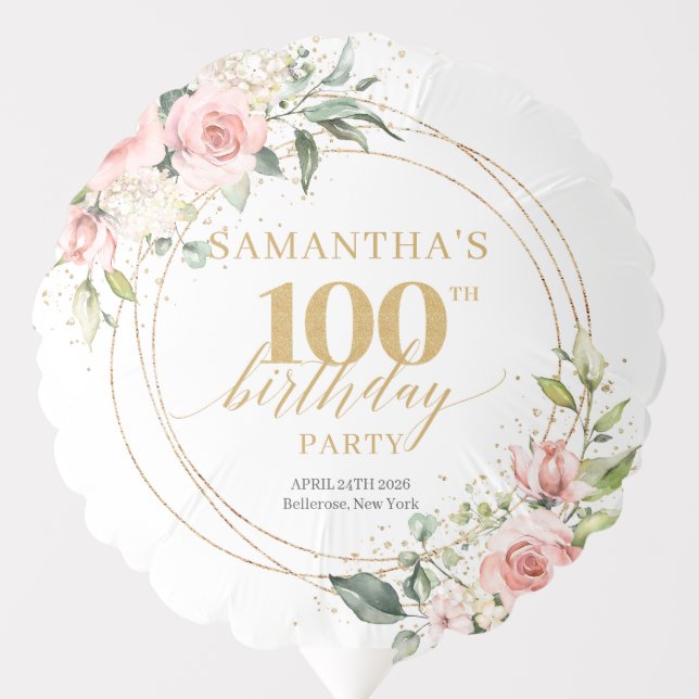 Watercolor Blush roses eucalyptus 100th birthday Balloon (Front)
