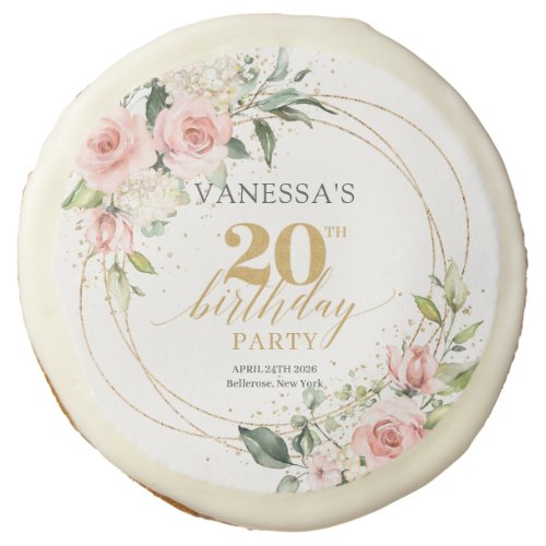 Watercolor Blush roses eucalyptus 20th Birthday  Sugar Cookie