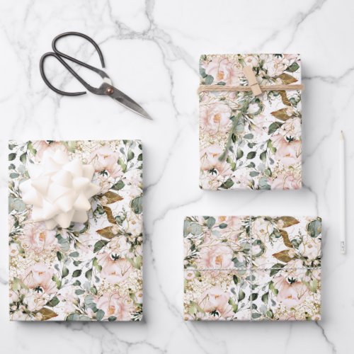 Watercolor Blush roses eucalyptus gold glitter  Wrapping Paper Sheets