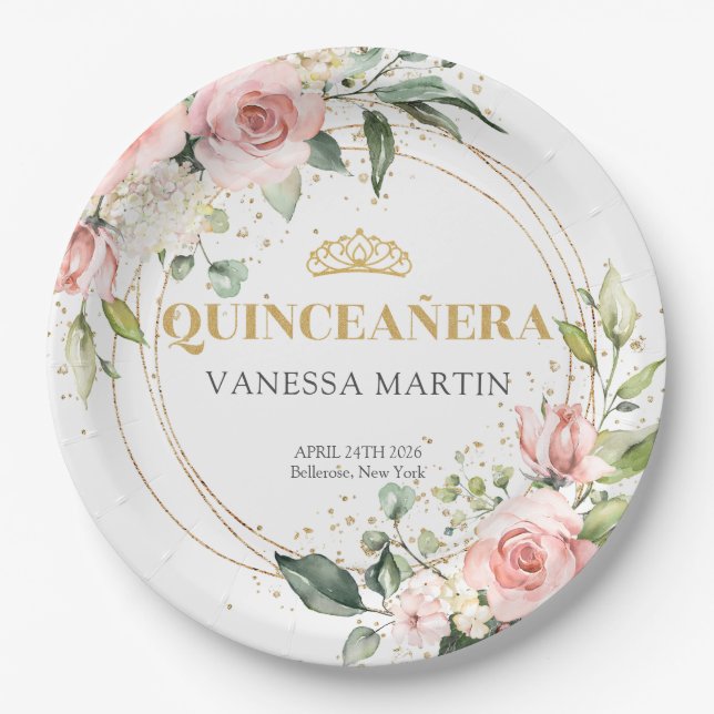 Watercolor Blush roses eucalyptus gold Quinceañera Paper Plates (Front)
