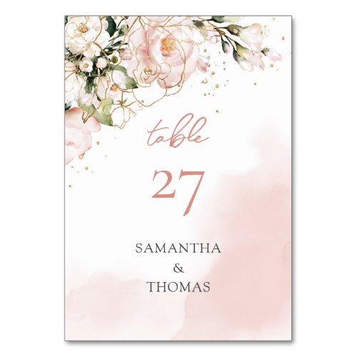 Watercolor Blush roses eucalyptus gold sparkles Table Number