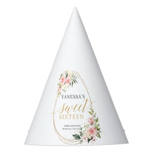 Watercolor Blush roses eucalyptus gold sweet 16th Party Hat