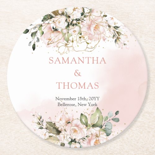 Watercolor Blush roses eucalyptus gold wedding Round Paper Coaster