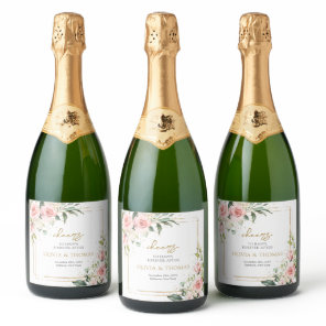 Watercolor Blush roses eucalyptus gold wedding Sparkling Wine Label