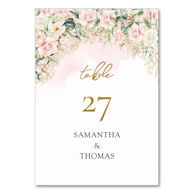 Watercolor Blush roses eucalyptus gold wedding Table Number (Front)