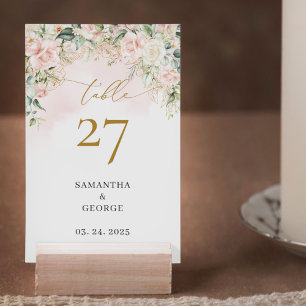Watercolor Blush roses eucalyptus gold wedding Table Number