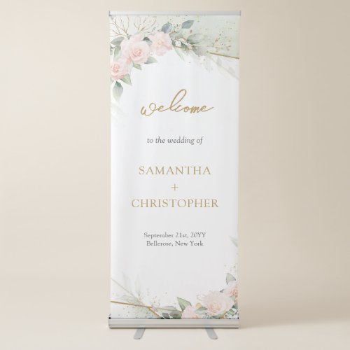 Watercolor blush roses eucalyptus gold welcome  retractable banner