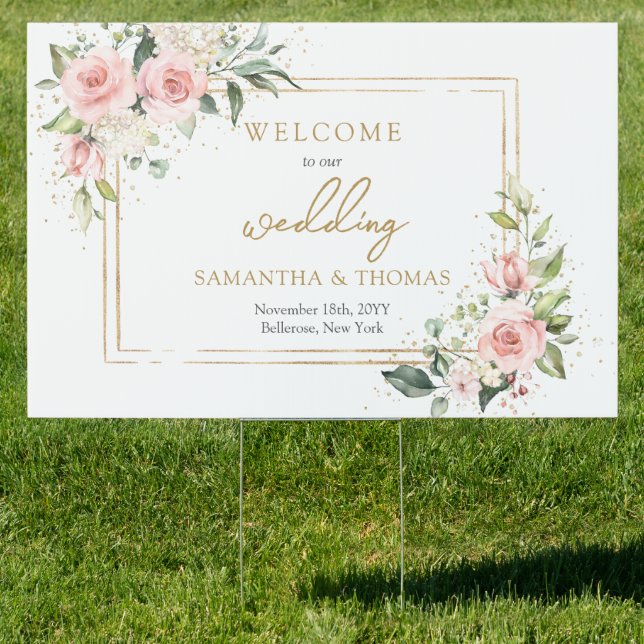 Watercolor Blush roses eucalyptus gold Welcome  Sign (Insitu)