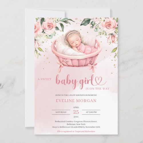 Watercolor blush roses eucalyptus sleeping baby invitation