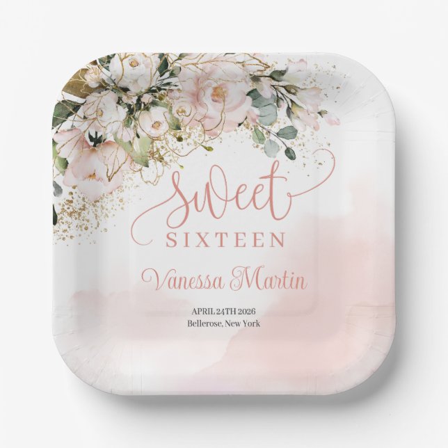 Watercolor Blush roses eucalyptus sweet sixteen Paper Plates (Front)