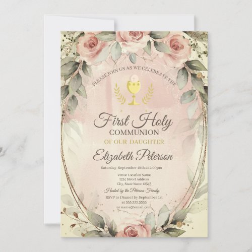 Watercolor Blush Roses First Holy Communion Invitation