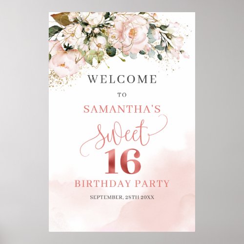 Watercolor Blush roses gold 16th birthday welcome Poster