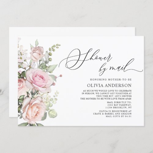 Watercolor Blush Roses Virtual Baby Shower by Mail Invitation