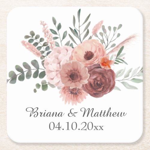 Watercolor Blush Rust Floral Wedding Mason Jar Square Paper Coaster
