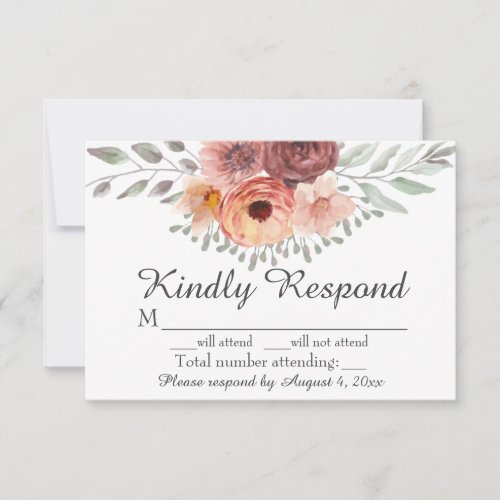 Watercolor Blush Rust Floral Wedding RSVP Card