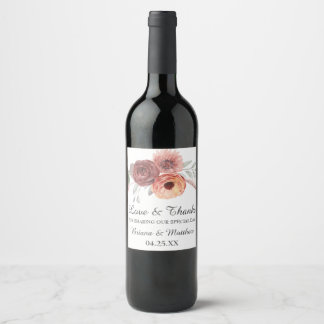 Watercolor Blush Rust Floral Wedding Wine Label
