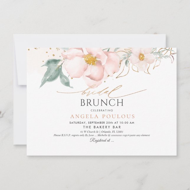 Watercolor Blush Single Petal Roses Bridal Brunch Invitation (Front)
