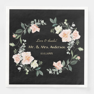 Watercolor Blush White Flowers Black Wedding Paper Dinner Napkins