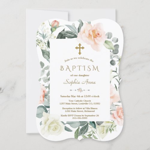 Watercolor Blush White Flowers Gold Girl Baptism Invitation