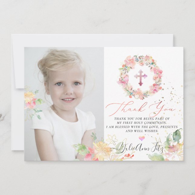 Watercolor Blushing Roses Communion Thank You Invitation (Front)