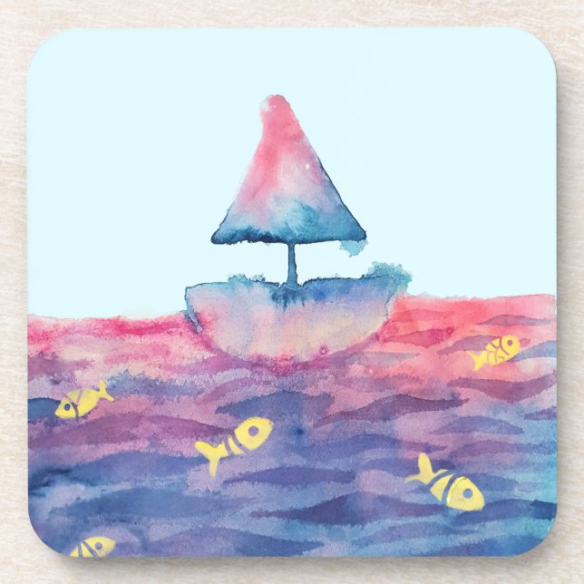 Watercolor Boat Beverage Coaster (Front)