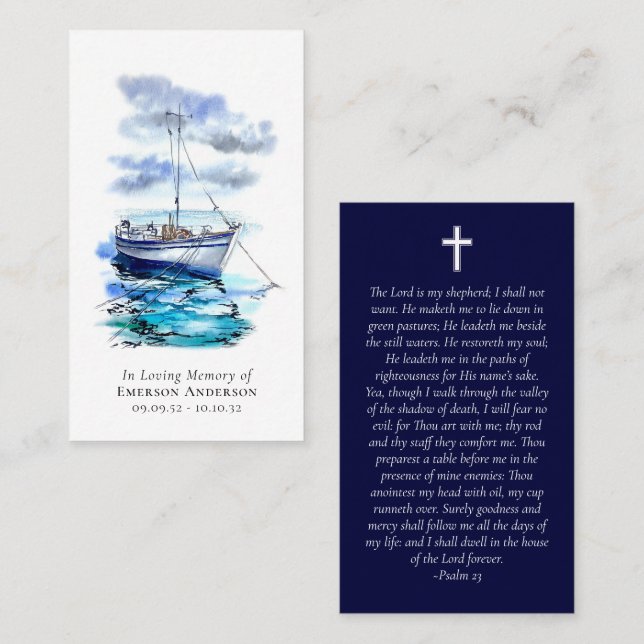 Watercolor Boat Cross Memorial Prayer Card (Front/Back)