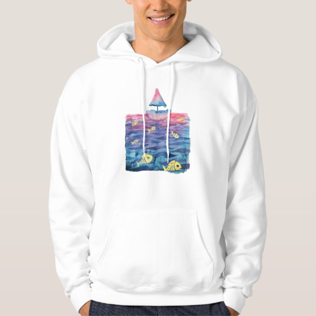 Watercolor Boat, Fish & Waves Hoodie (Front)