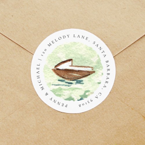 Watercolor Boat Nautical Return Address Classic Round Sticker