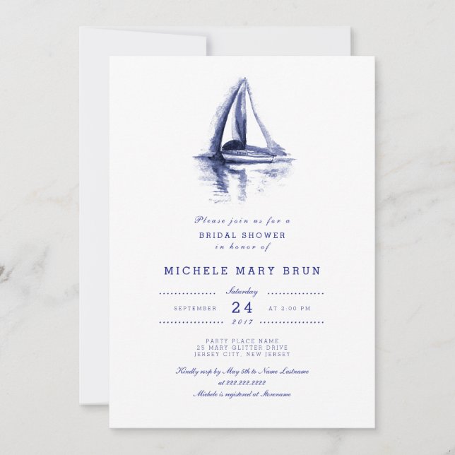 Watercolor Boat Navy Blue Bridal Shower Invite (Front)
