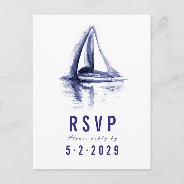Watercolor Boat Navy Blue Response RSVP Postcard (Front)