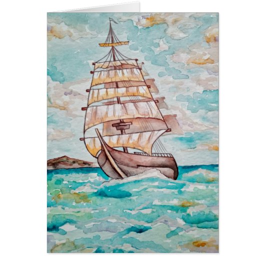 Watercolor Boat Ship Sail Summer Sea Ocean Life (Front)