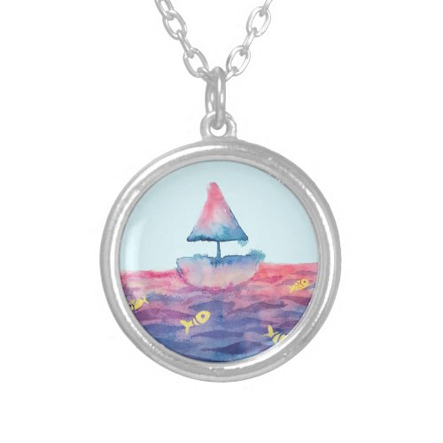 Watercolor Boat Silver Plated Necklace