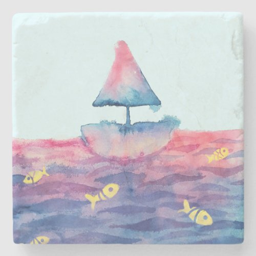 Watercolor Boat  Stone Coaster