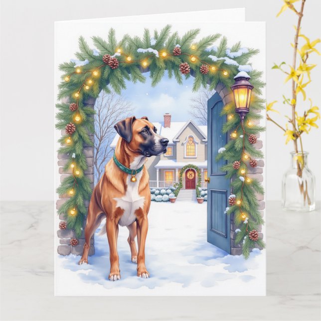 Watercolor Boerboel Farmhouse Gate Christmas Card (Yellow Flower)