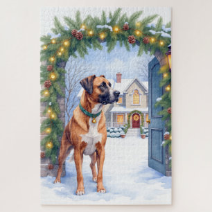 Watercolor Boerboel Farmhouse Gate Christmas Jigsaw Puzzle
