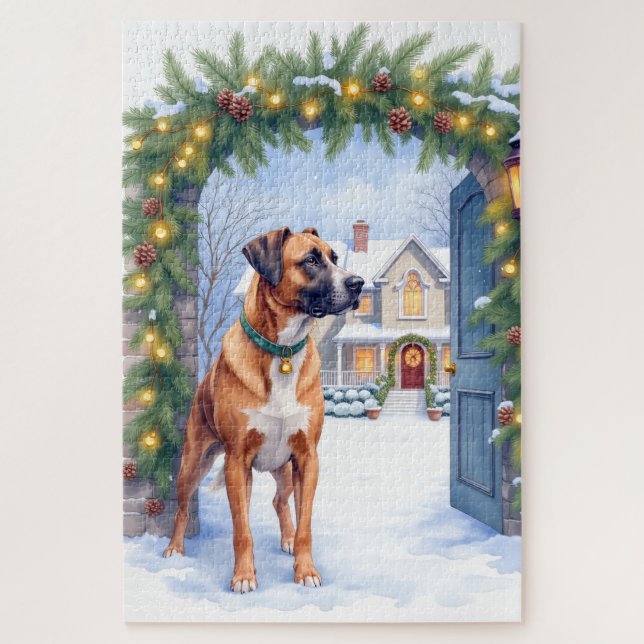 Watercolor Boerboel Farmhouse Gate Christmas Jigsaw Puzzle (Vertical)