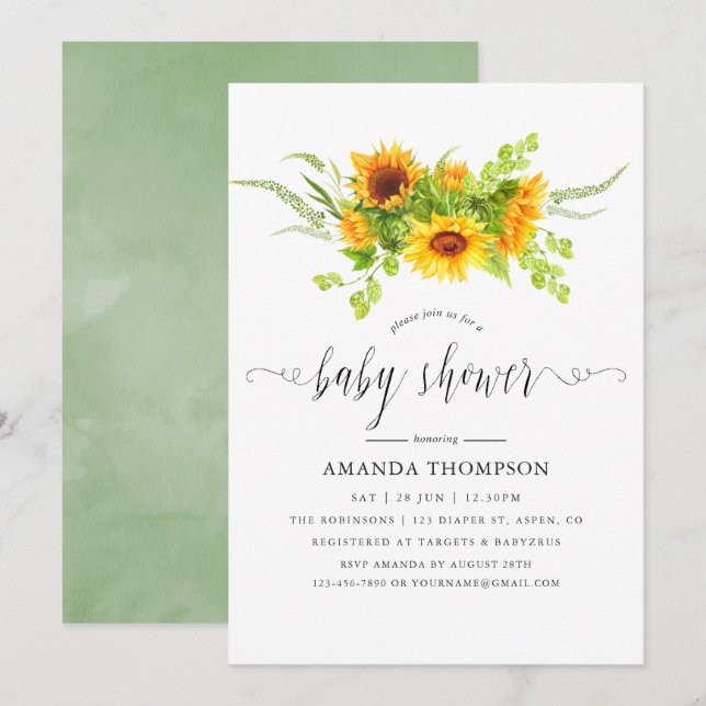 Watercolor Bohemian Boho Sunflowers Baby Shower Invitation (Front/Back)