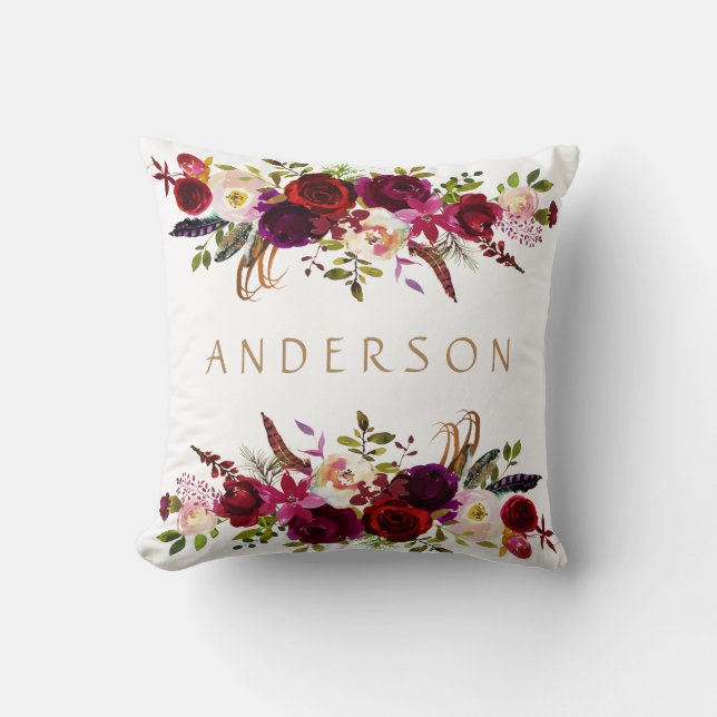 Watercolor Bohemian Floral Burgundy Marsala White Throw Pillow (Front)