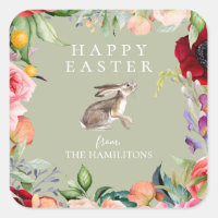 Watercolor Bohemian Floral Easter Bunny Square Sticker