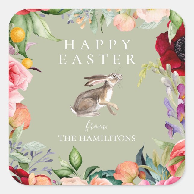 Watercolor Bohemian Floral Easter Bunny Square Sticker (Front)