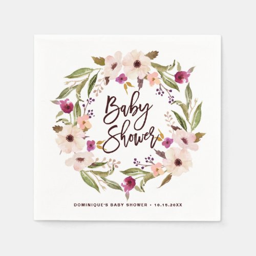 Watercolor Bohemian Floral Wreath Baby Shower Napkins