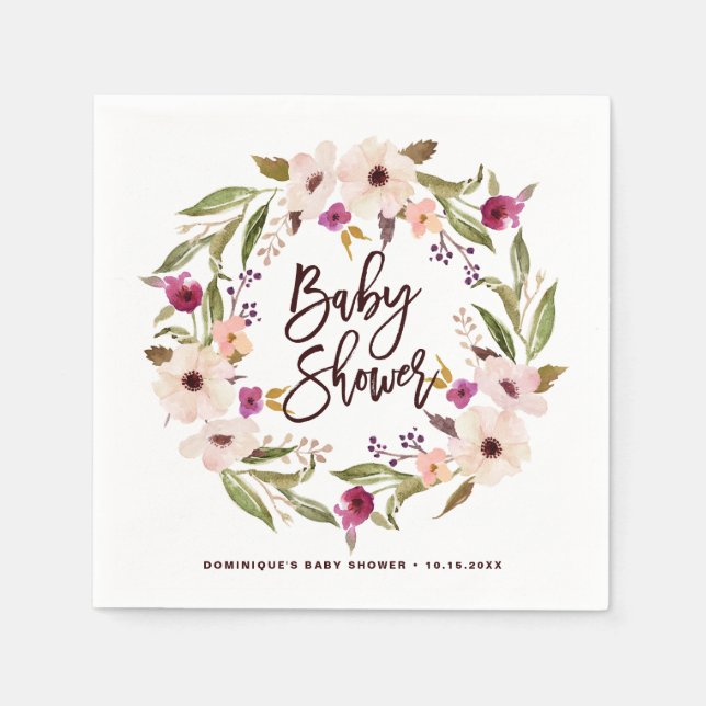 Watercolor Bohemian Floral Wreath Baby Shower Napkins (Front)