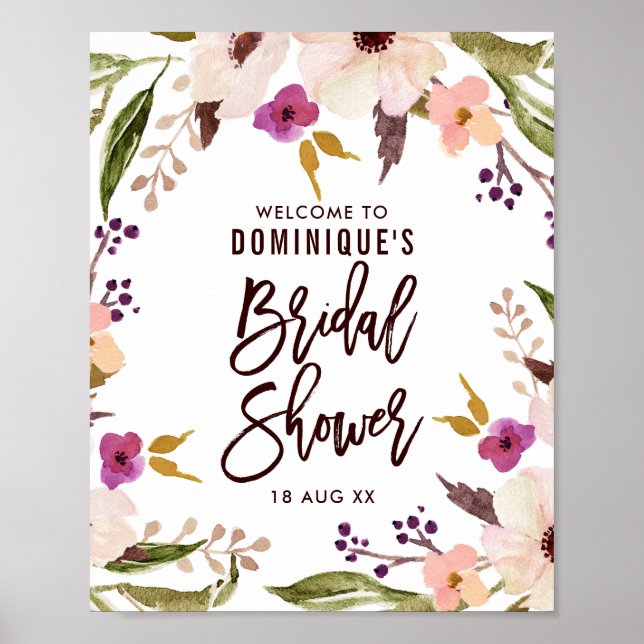 Watercolor Bohemian Floral Wreath Bridal Shower Poster (Front)