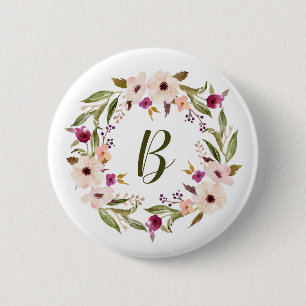 Watercolor Bohemian Floral Wreath Monogram Button