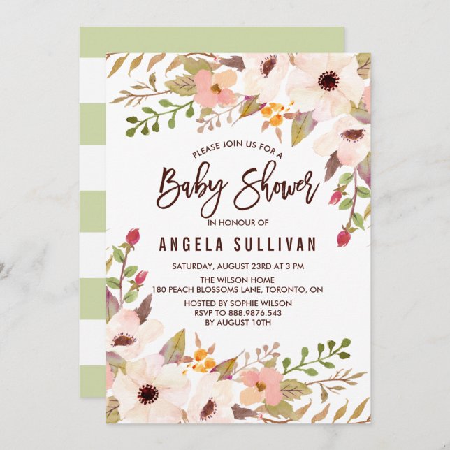 Watercolor Bohemian Flowers Baby Shower Invitation (Front/Back)