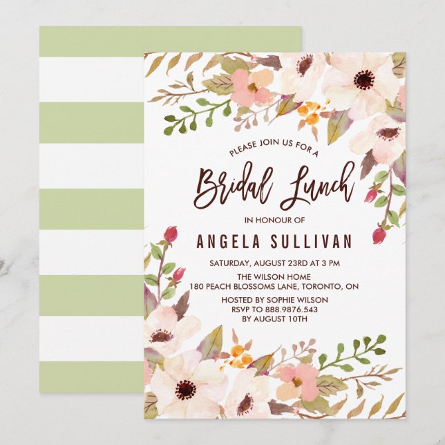 Watercolor Bohemian Flowers Bridal Lunch Invitation (Front/Back)