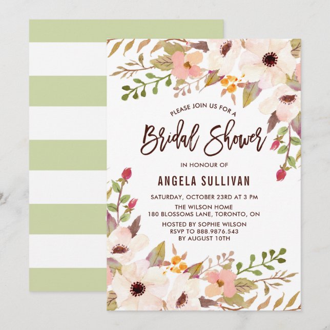 Watercolor Bohemian Flowers Bridal Shower Invite (Front/Back)